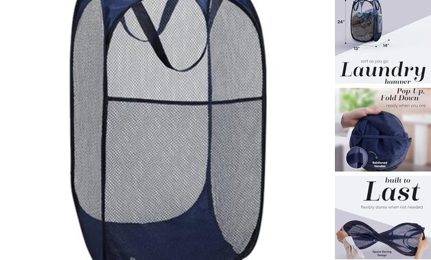 Collapsible Mesh Foldable Hamper 14" x 14' x 24" Navy Blue