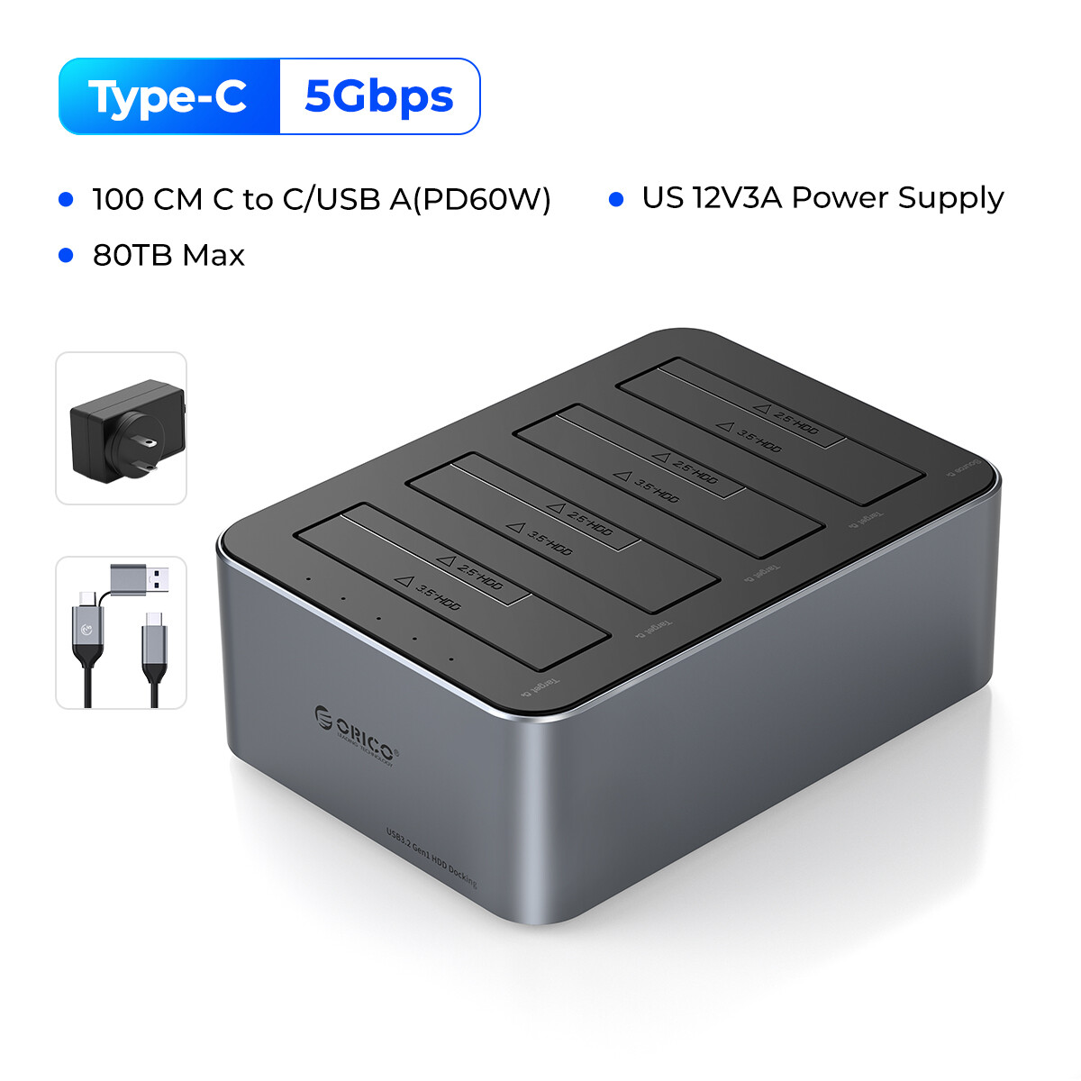 ORICO 5Bay Hard Drive with Cloner Hard Drive Docking Station 2.5''/3.5'' SSD HDD