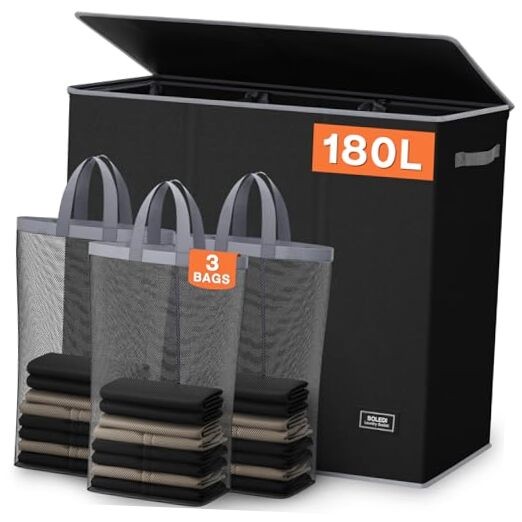 Laundry Hamper 3 Section, Extra Large Laundry Hamper with Lid, 180L Black