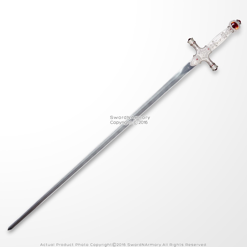 32" Silver Magic Fantasy Sword Stainless Steel Red Ruby with Display Plaque