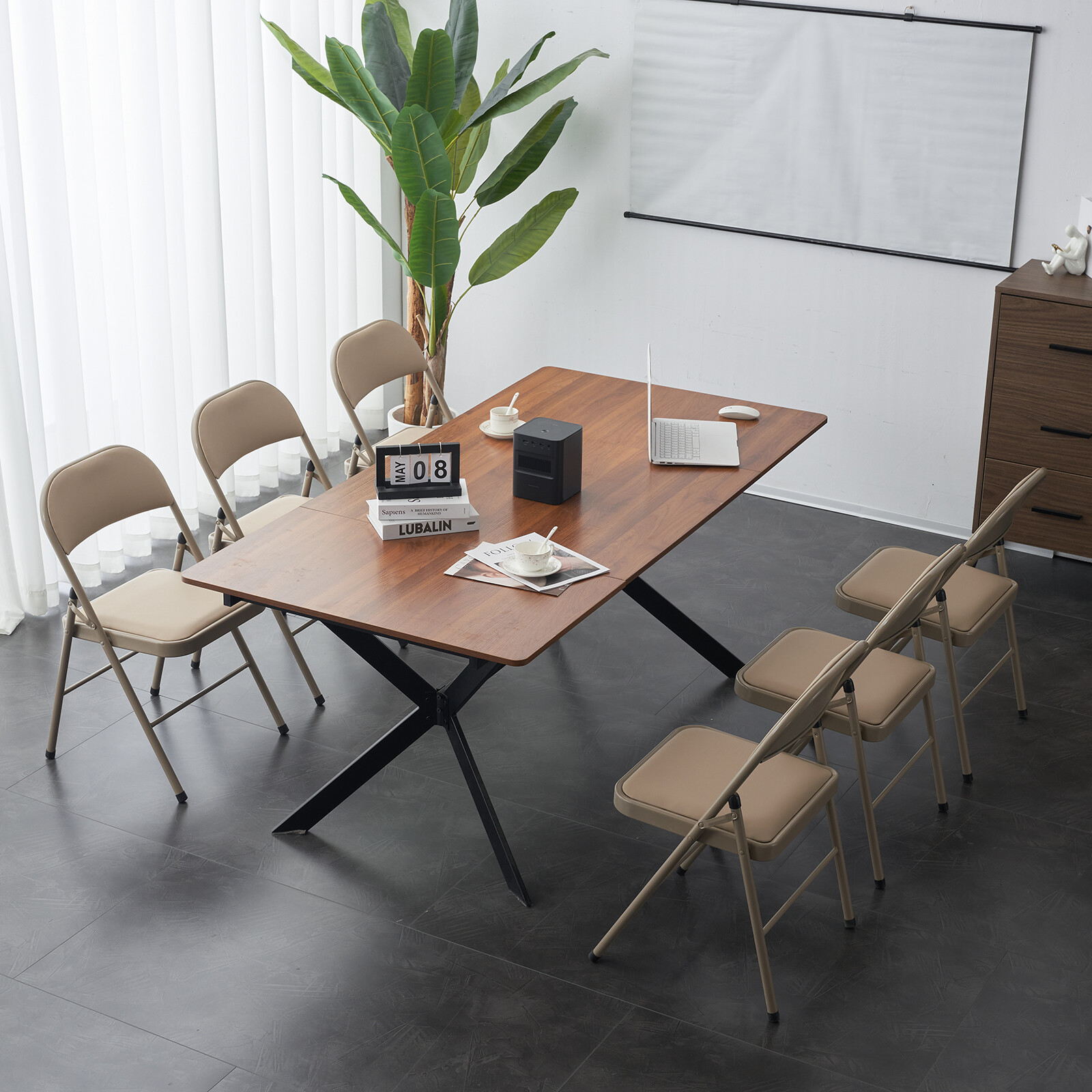 6 PCS Folding Chairs with High-Quality Padded Fabric Seat Heavy Duty Metal Frame