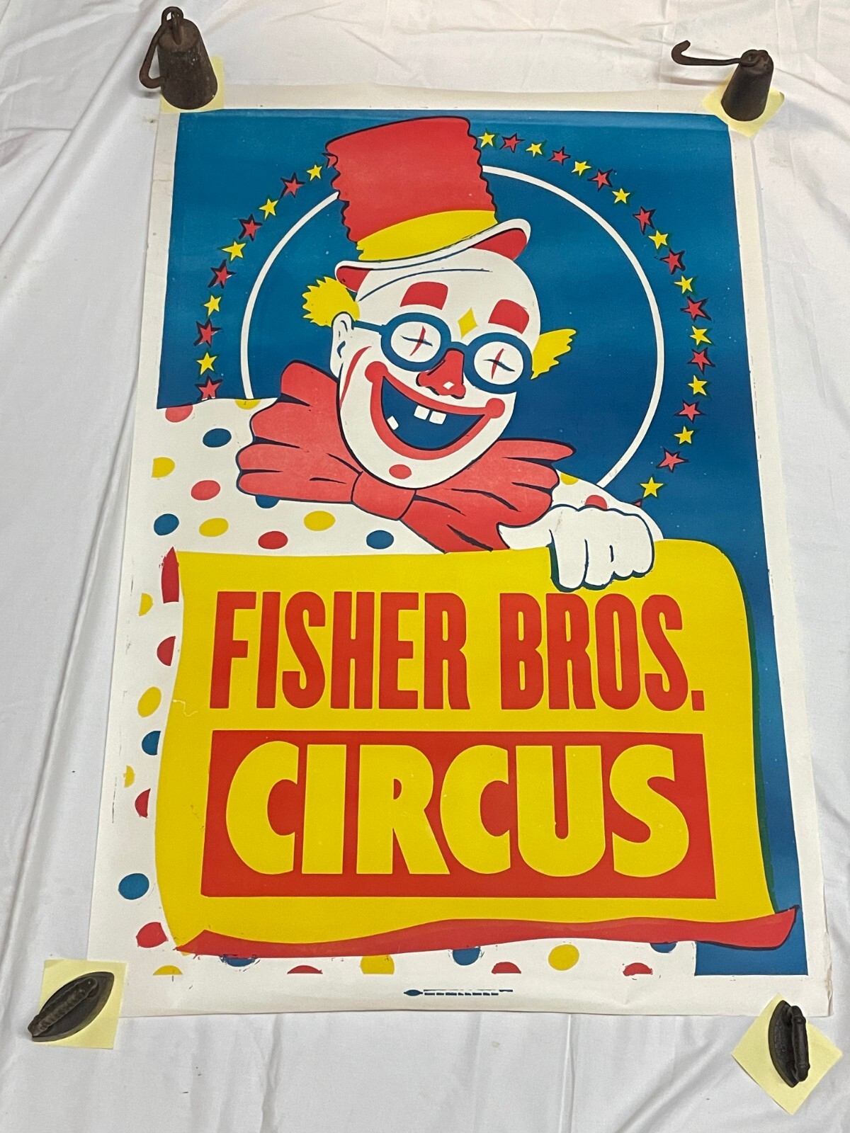 28" x 42" Original Vtg Fisher Bros Circus Poster Clown With Glasses Arkansas #3