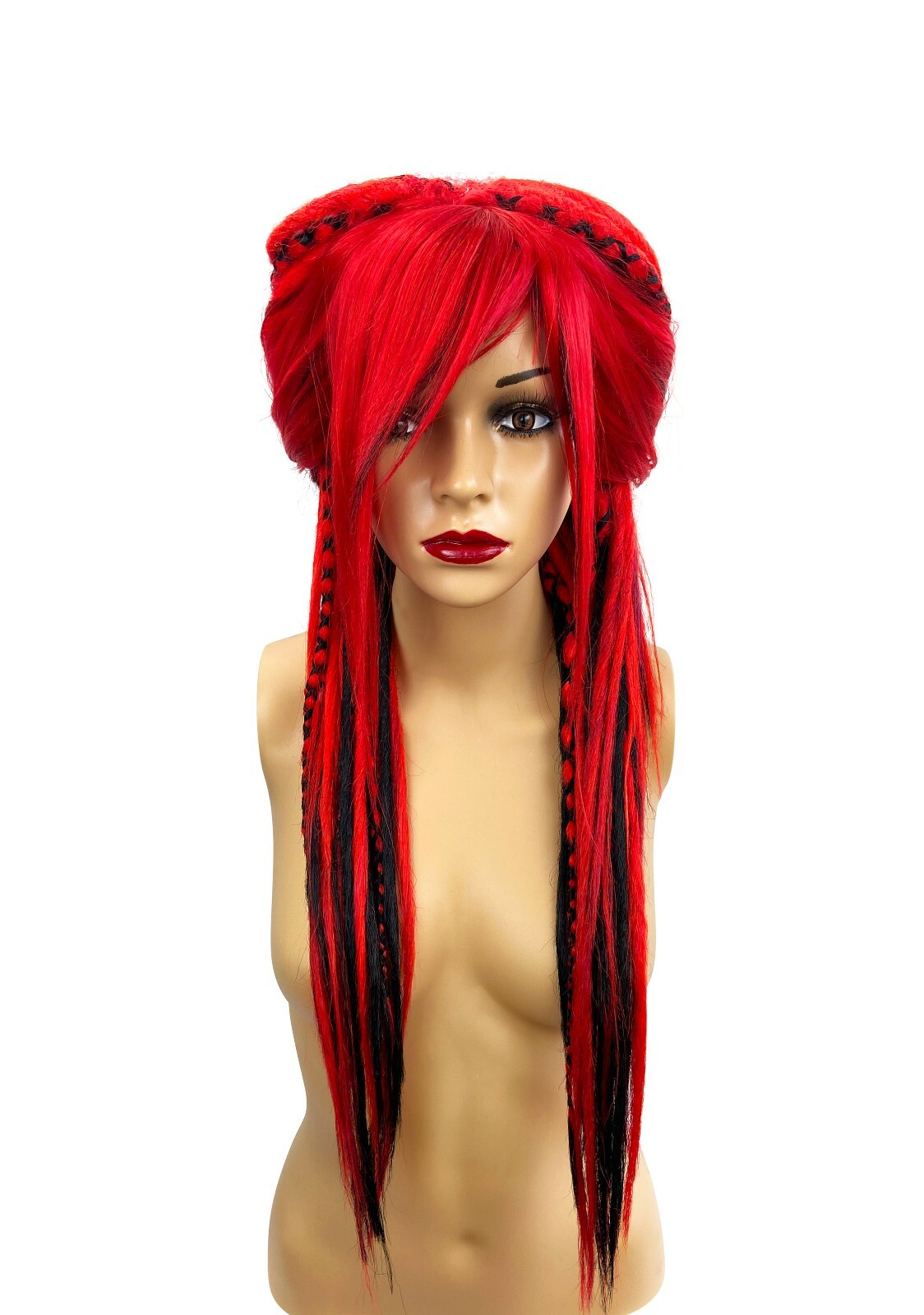 Red Black Synthetic Dread Wig Bangs Full Density Hair Gothic Cyberpunk Cosplay