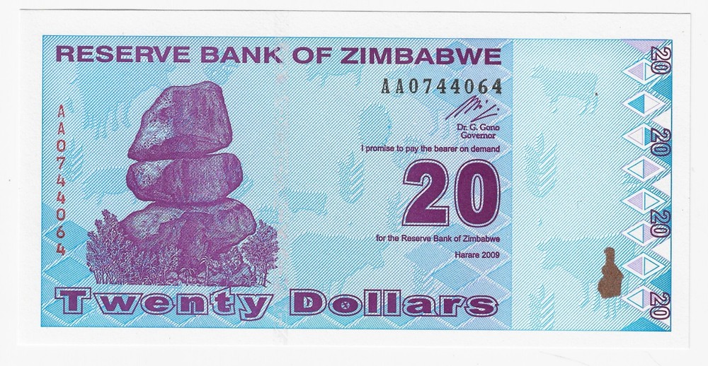 2009 Zimbabwe 20 DOLLAR Banknote  UNC P95