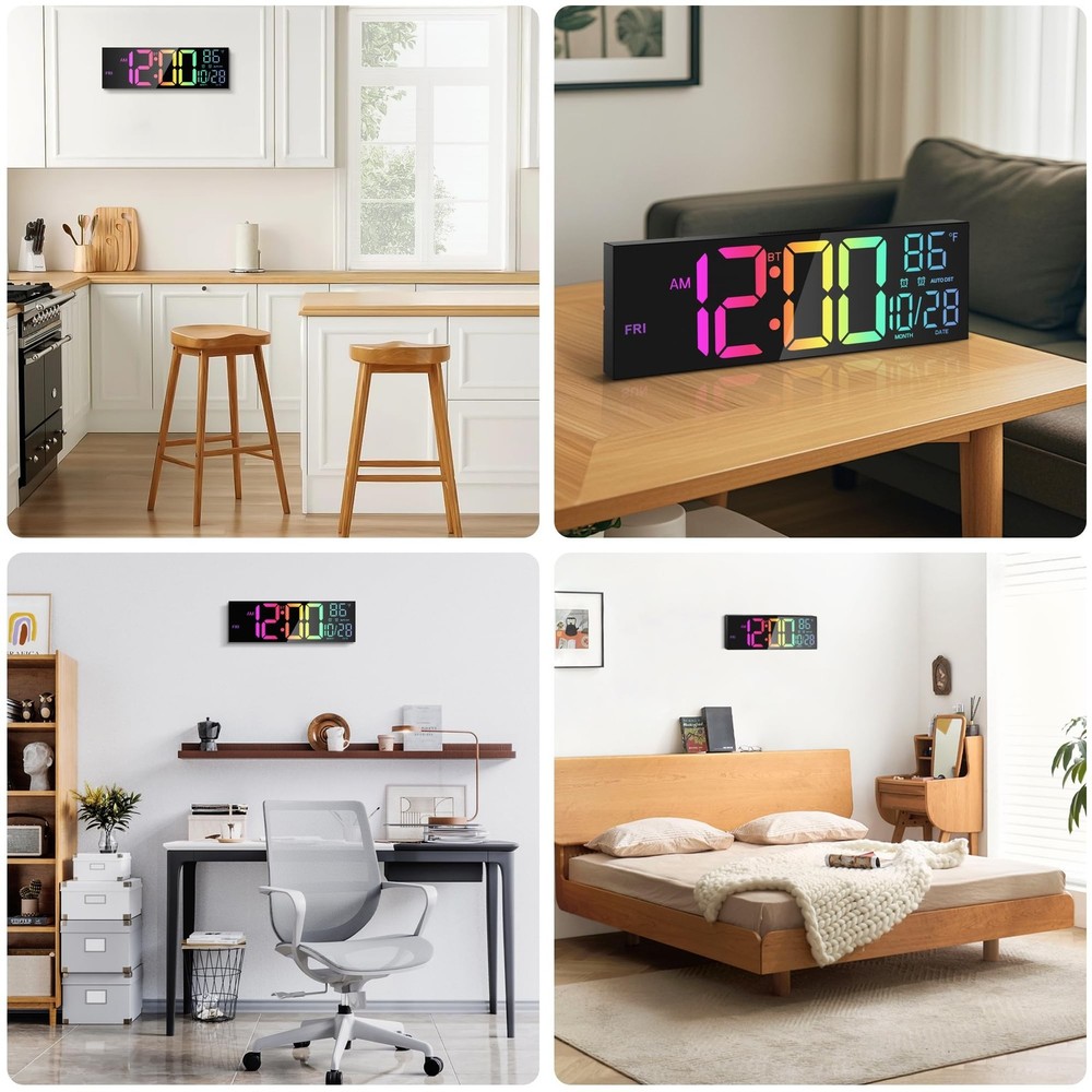 16.5" Large LED Wall Clock with Bluetooth Sync, Night Light, DST, 2 Alarms, R...