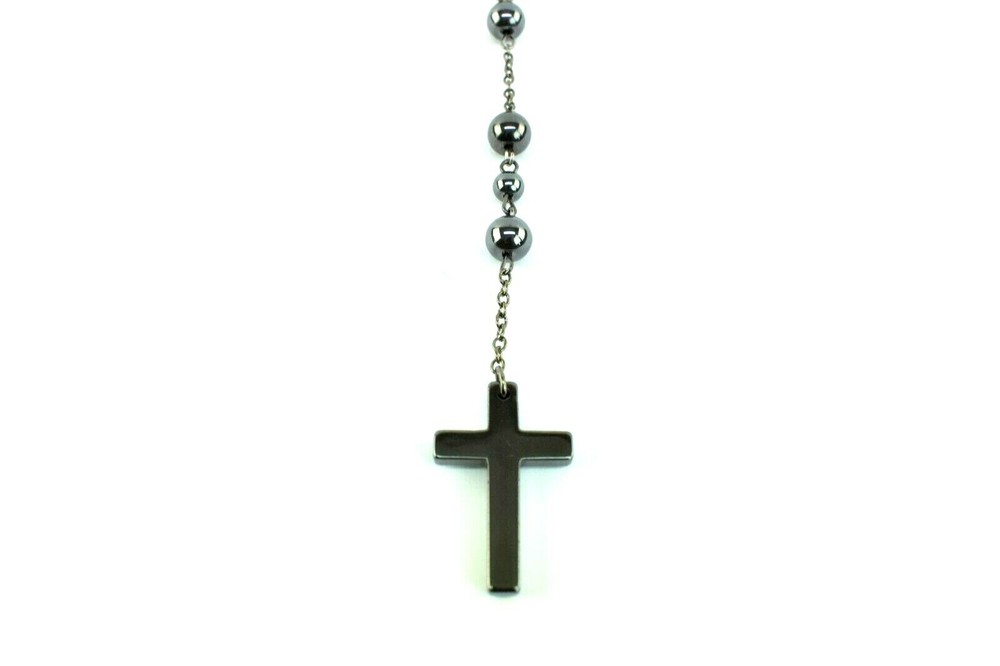 Rosary Necklace With Hematite Beads Cross Catholic Crucifix Prayer Beads