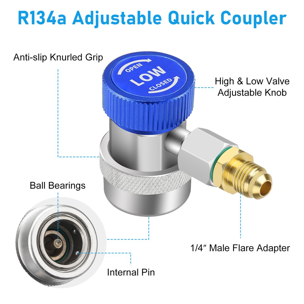 2x R134A Quick Coupler Adapter, Adjustable HP & LP Connector for Car AC System