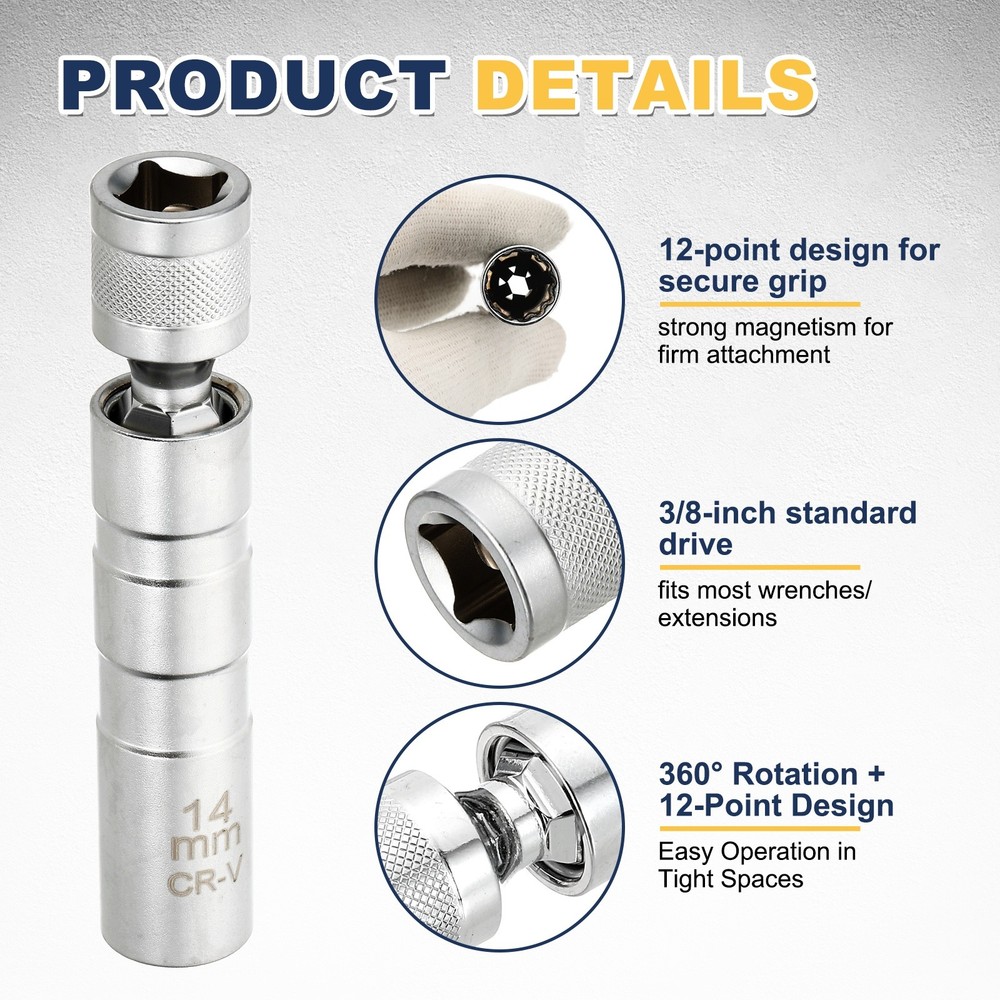 2pcs Spark Plug Socket 3/8" Drive 14/16mm Magnetic Spark Plug Socket Silver