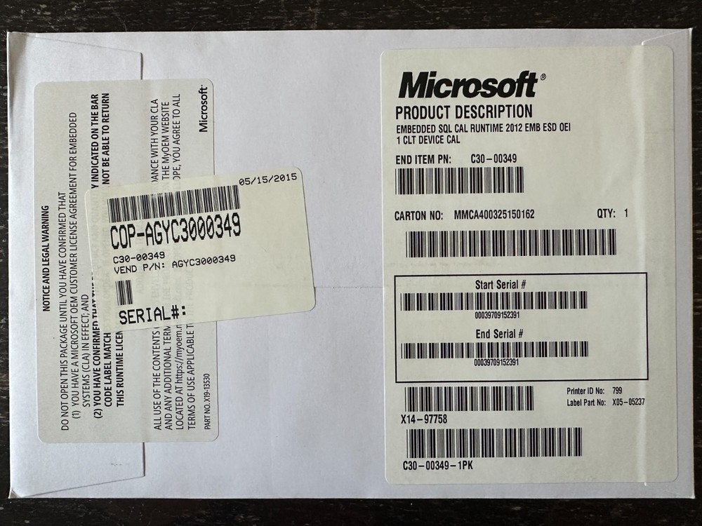 Microsoft SQL Cal Runtime 2012 EMB 1 CLT Device Key Only