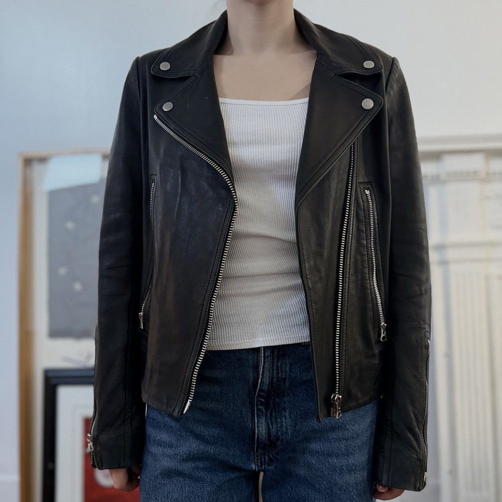 RAG & BONE Black Leather Moto Jacket Red Lining - Size Medium