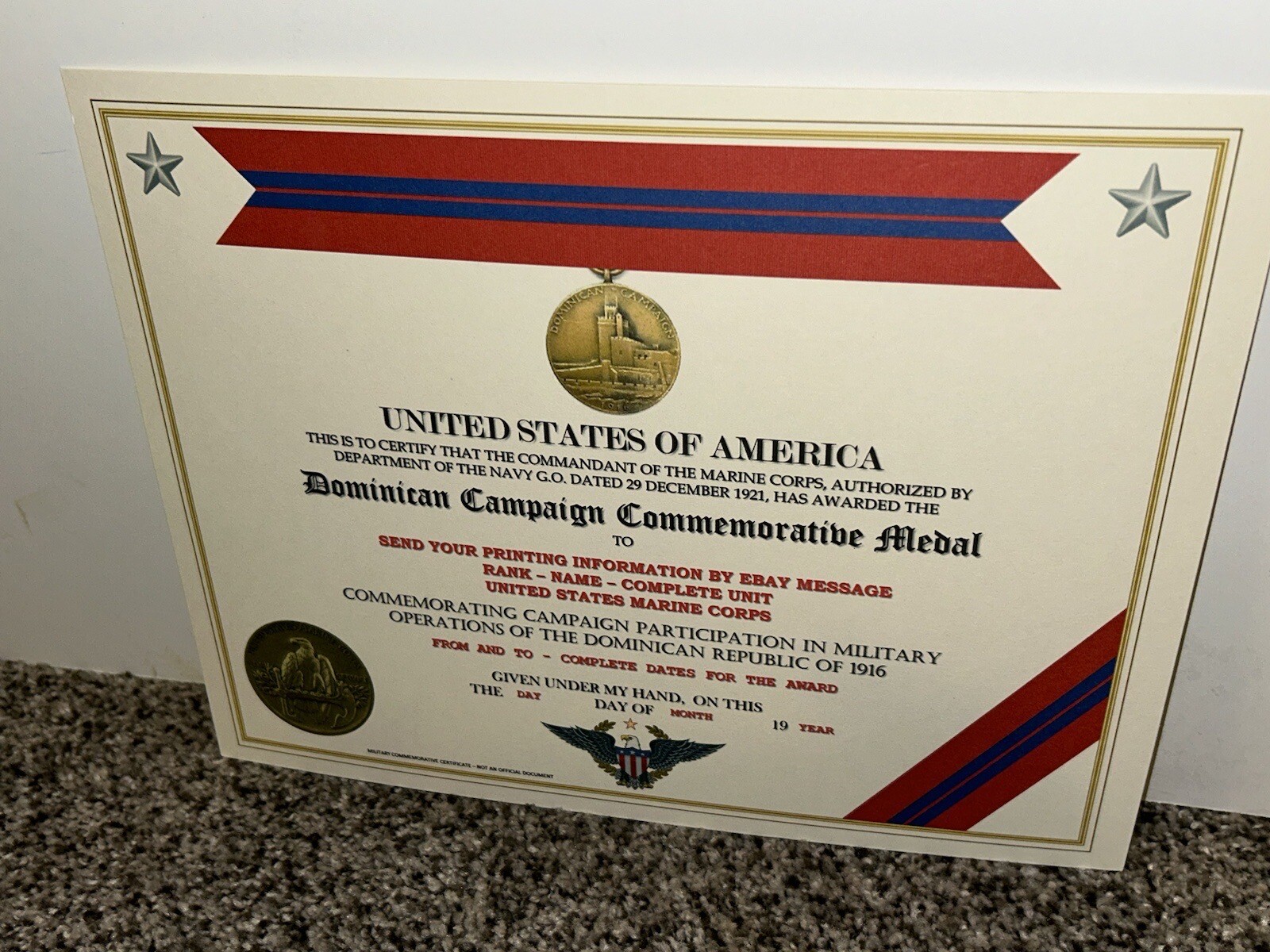DOMINICAN CAMPAIGN (USMC) COMMEMORATIVE MEDAL CERTIFICATE ~ W/PRINTING TYPE-1