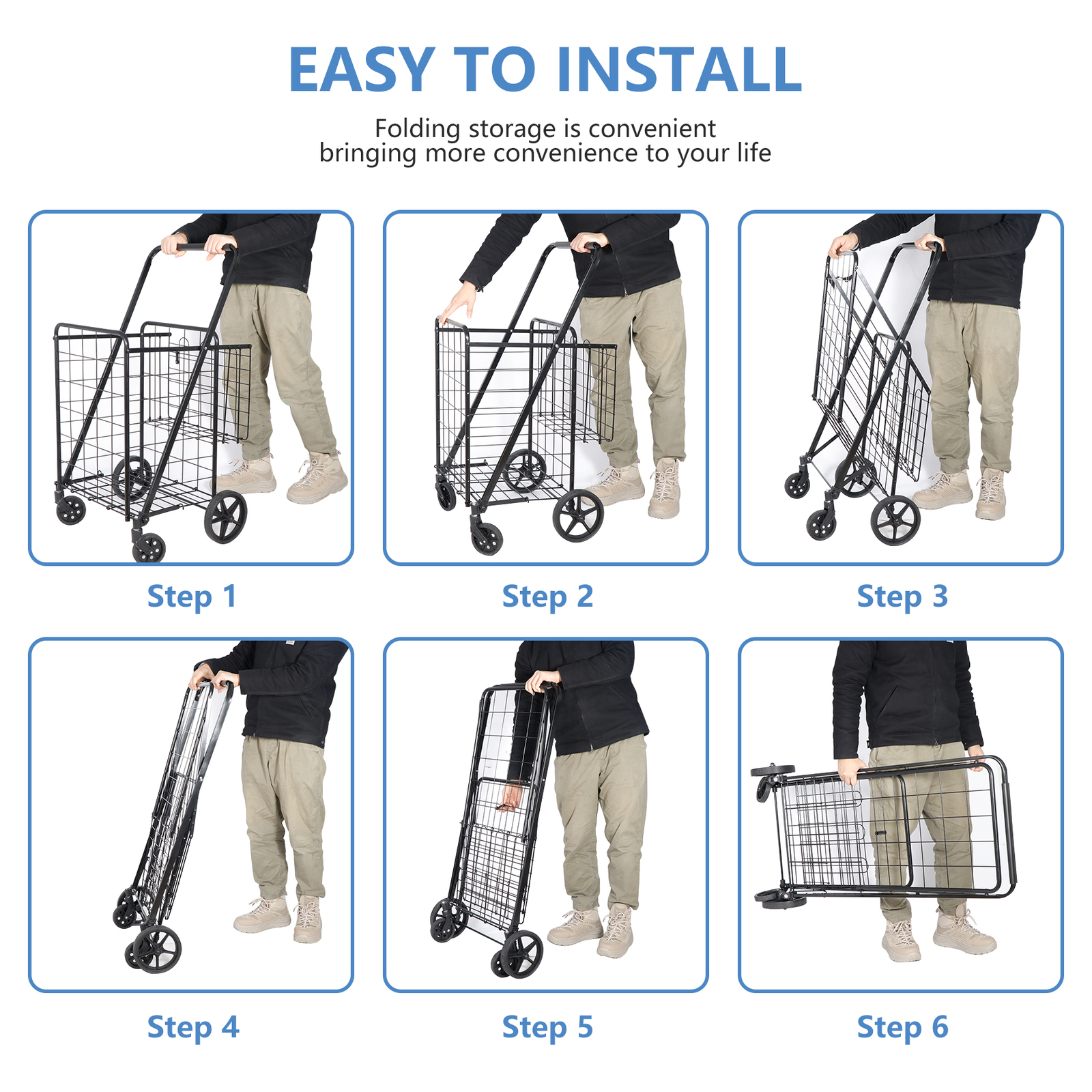 Heavy Duty Folding Shopping Cart Utility Trolley Two Baskets for Grocery Laundry