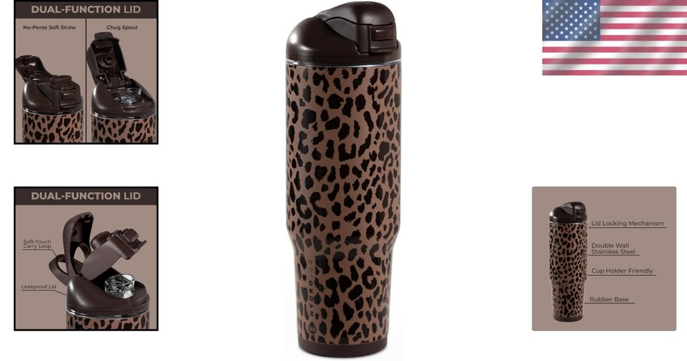 32oz Ease2o Brown Leopard Water Bottle: Straw & Chug Lid for Active Hydration