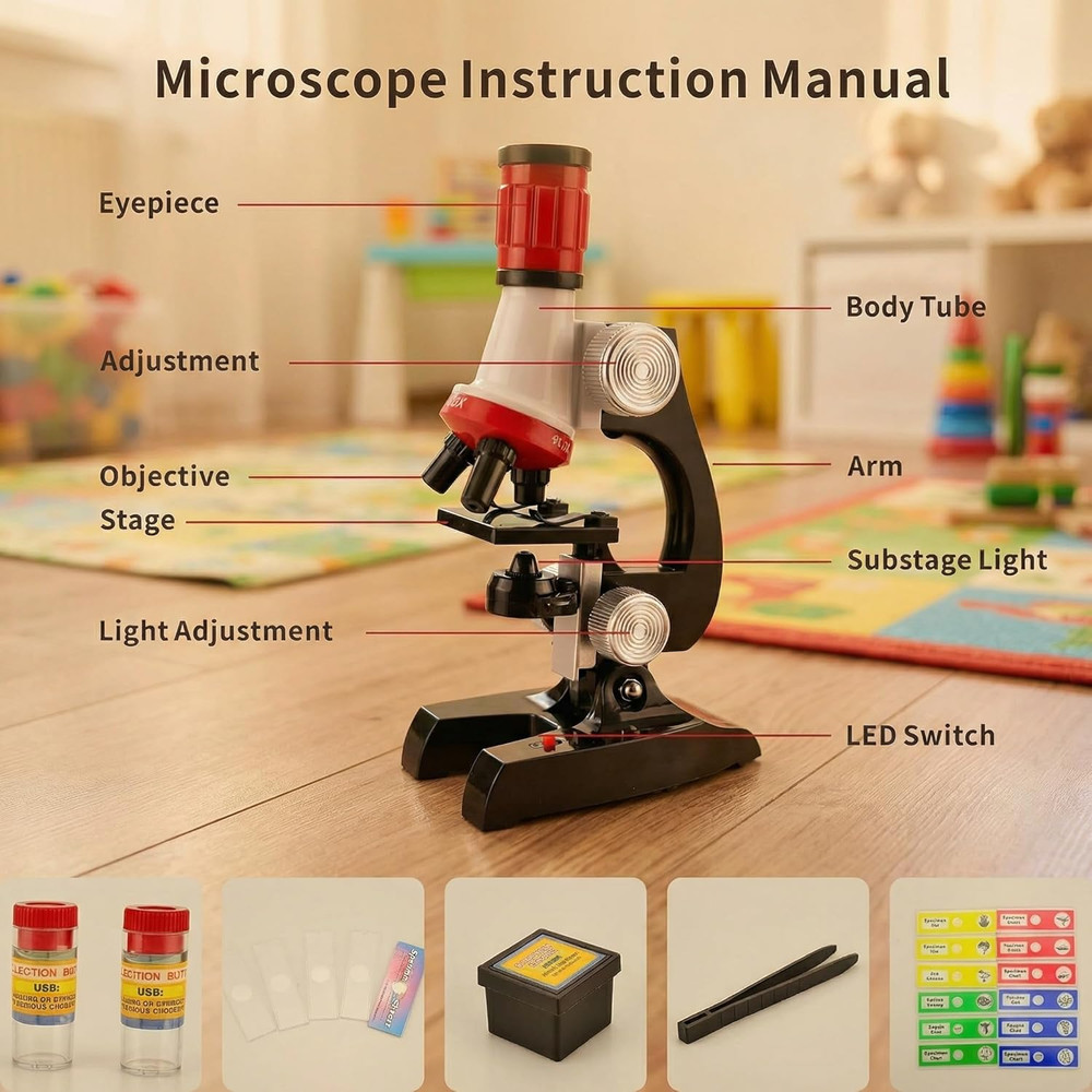 Kids Microscope Kit with LED Light - 100X/400X/1200X Magnification for STEM Lear