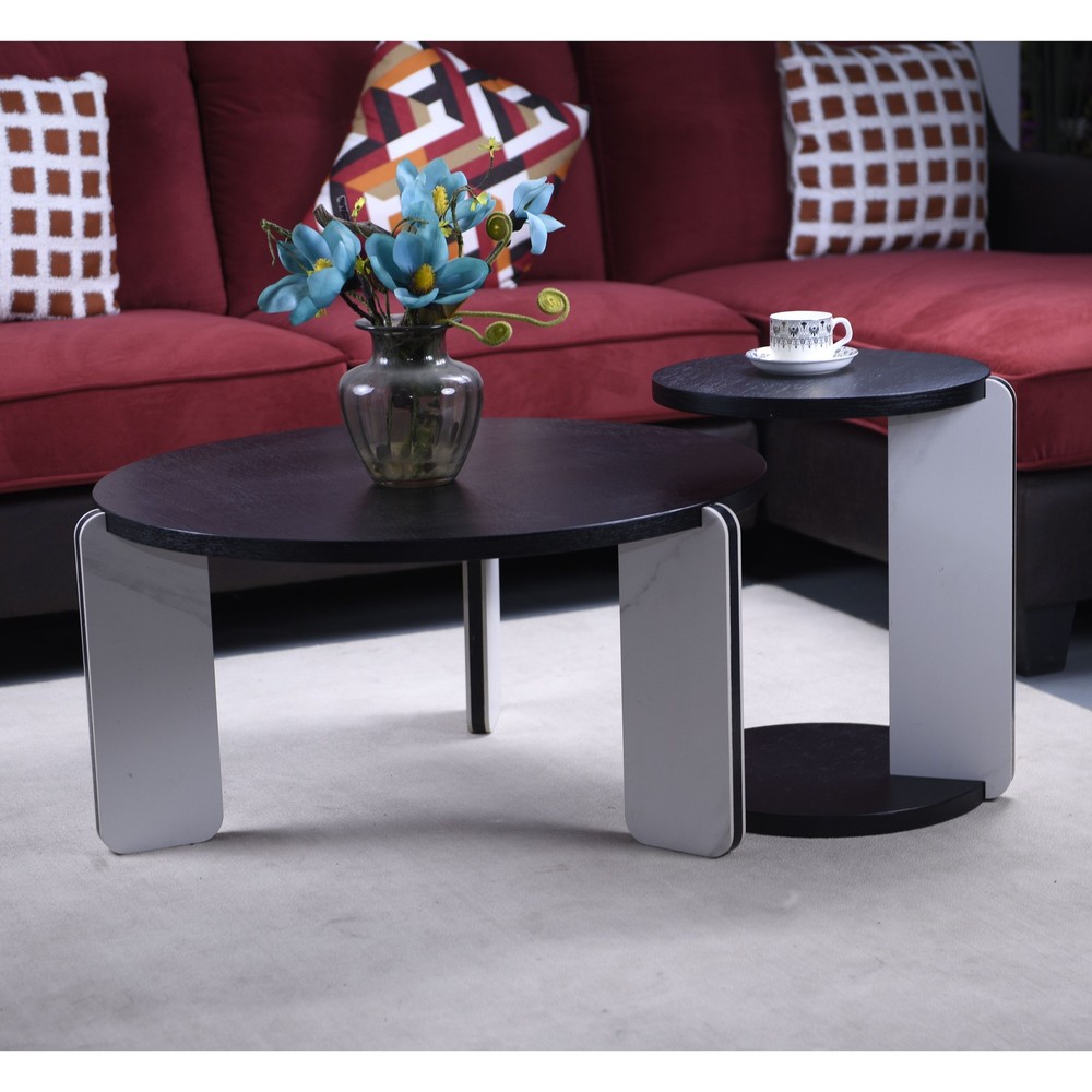 32.68" & 16.93" round coffee table end table sofa table side table set with bla
