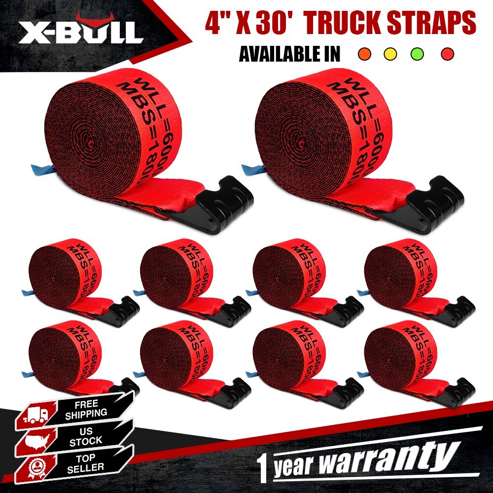 X-BULL 10 Pack 4" x 30' Winch Truck Straps w/Flat Hook for Towing 18000 lbs Red