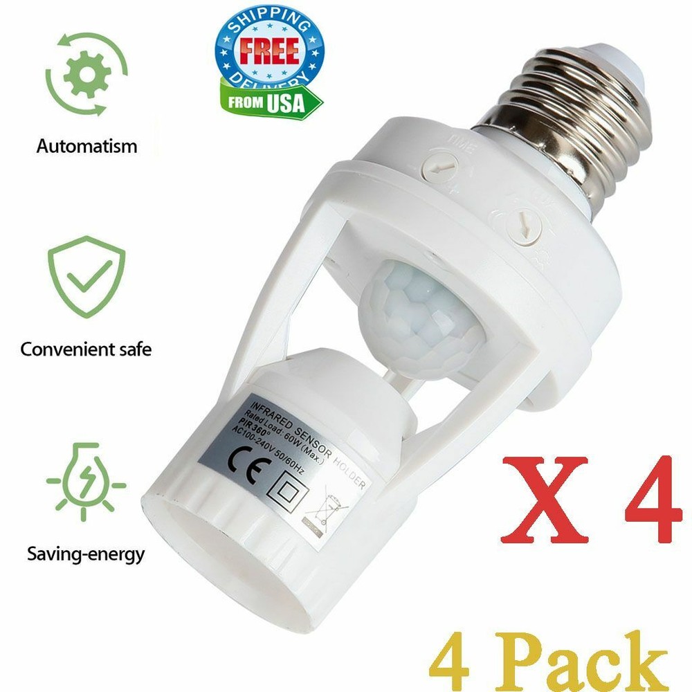 4pack E27 PIR Infrared Motion Sensor LED Light Lamp Bulb Holder Socket Switch US