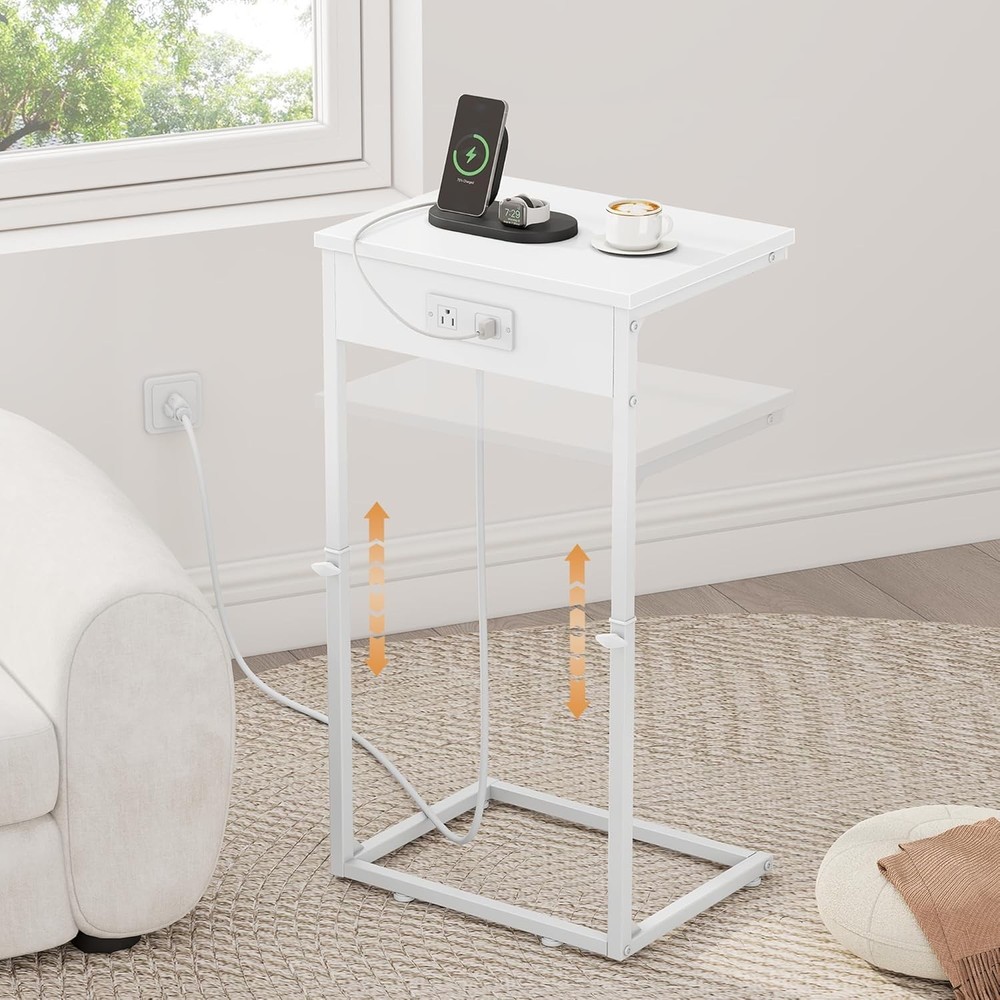 C Shaped End Table W/ Charging Station Adjustable Height Side Table Couch Small