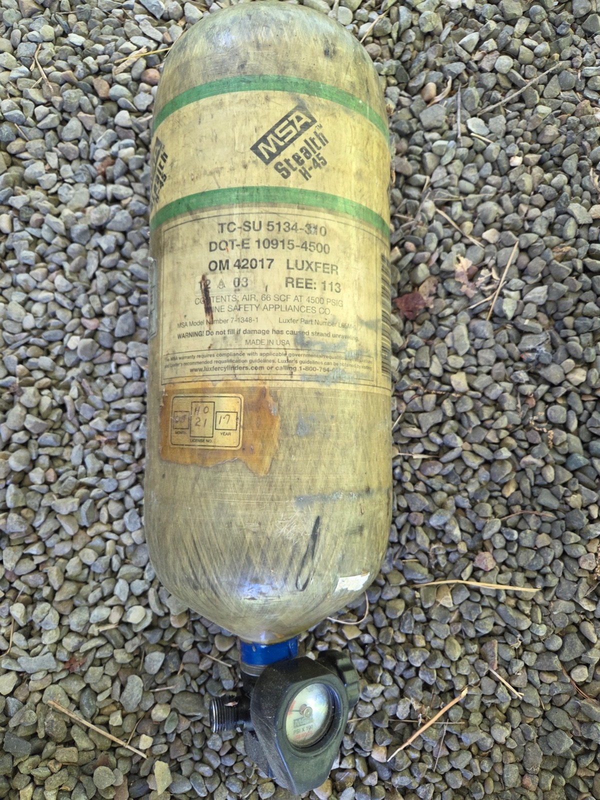 MSA 45 min 4500 psi Carbon Cylindar Air Tank VALVE  & Gauge Paintball