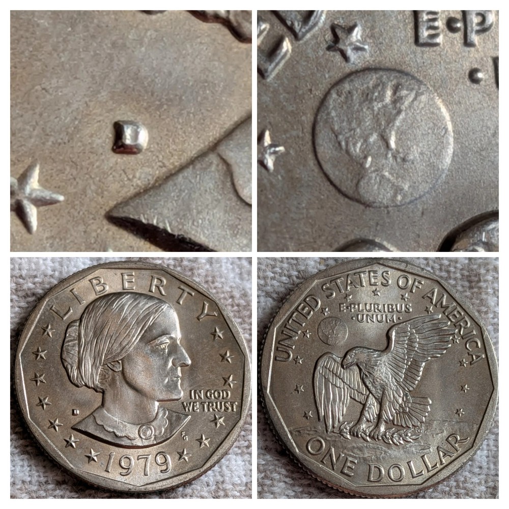 1979 D Susan B Anthony Dollar Error: Filled D Mint Mark, E Pluribus Dot.