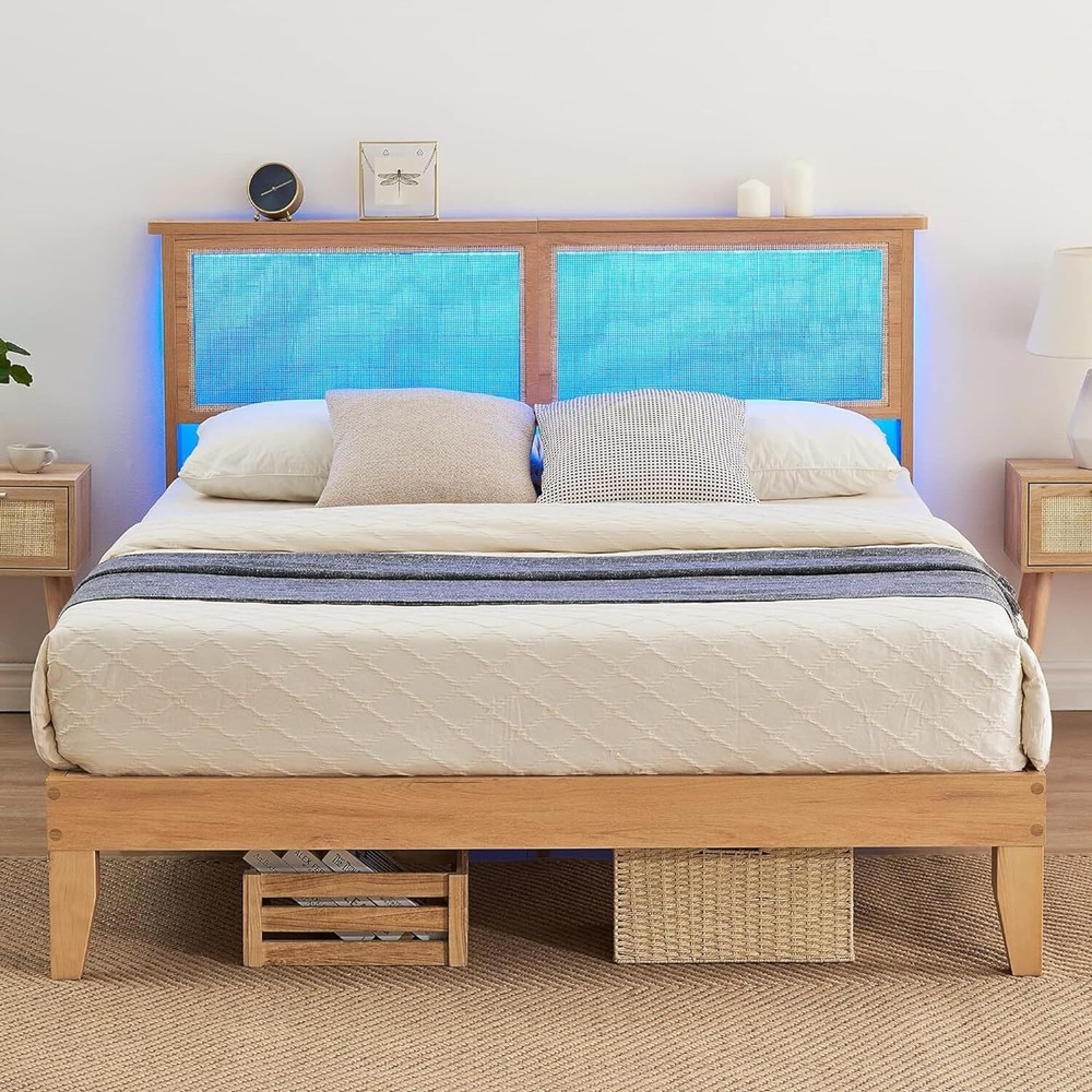 ✅Full Size Bed Frame with Rattan Headboard Platform Bed Frame with LED Lights NE