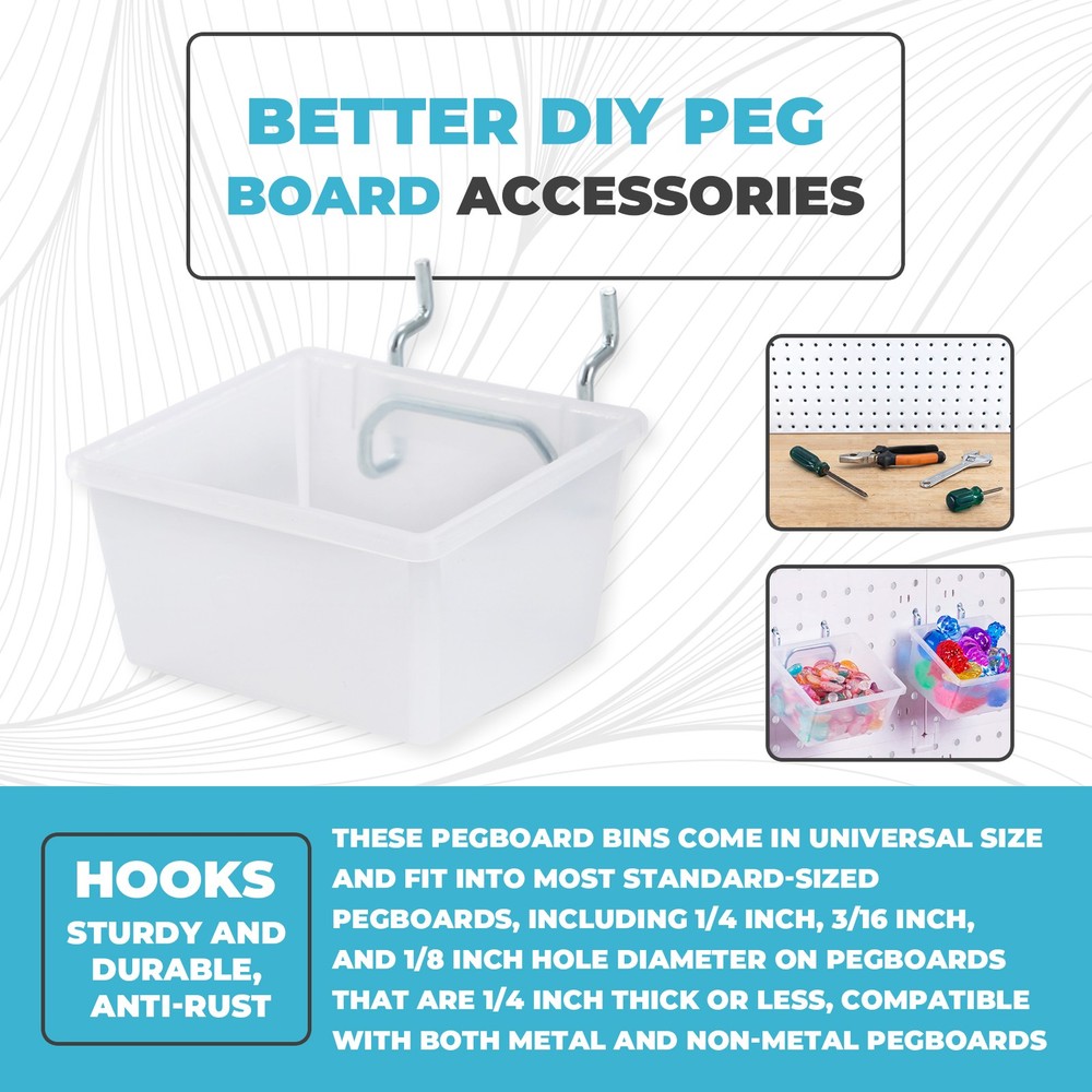 6 Pack Pegboard Clear Bins, Pegboard Bins Hooks, DIY Pegboard Accessories,8882