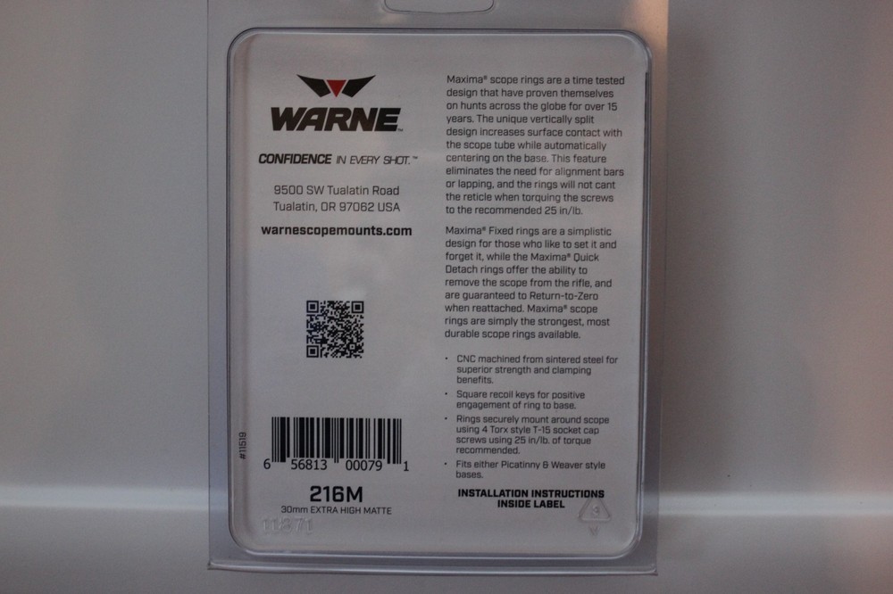Warne Scope Mounts Maxima Ring 30mm Extra High Matte 216M