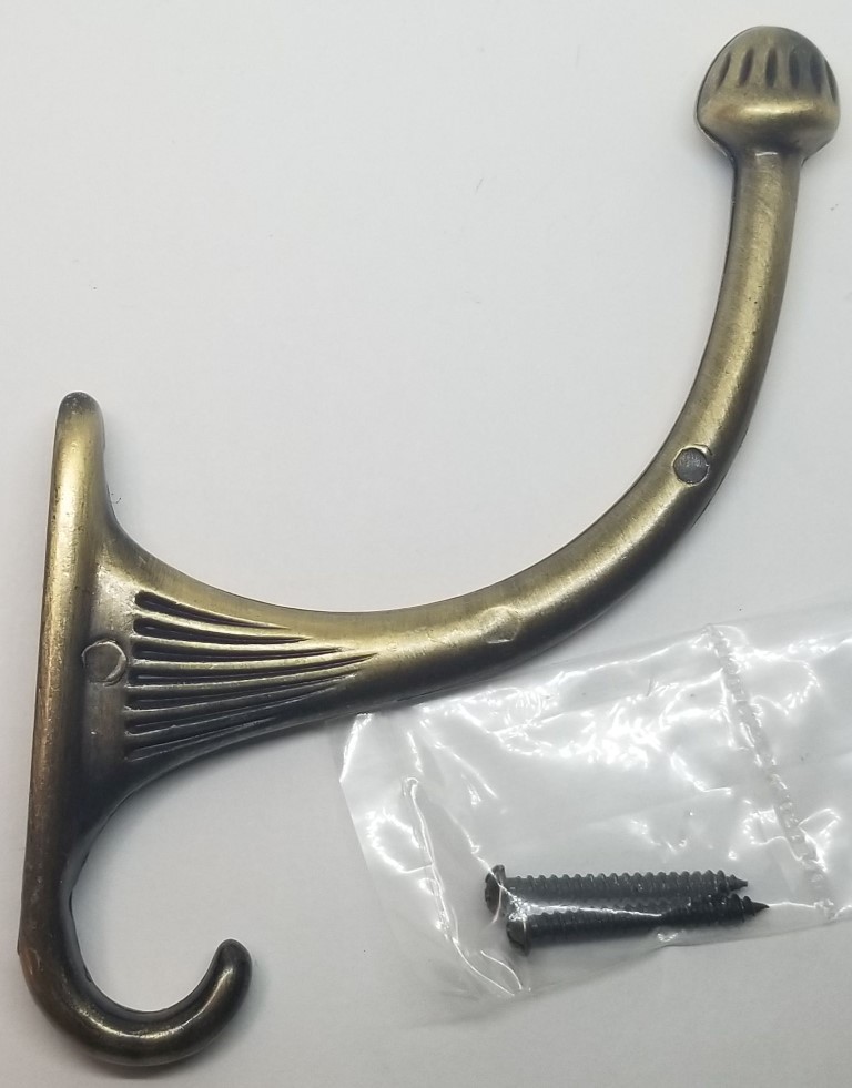 Single ANTIQUE BRASS costumer coat hook hall tree hat rack wall vintage old rust