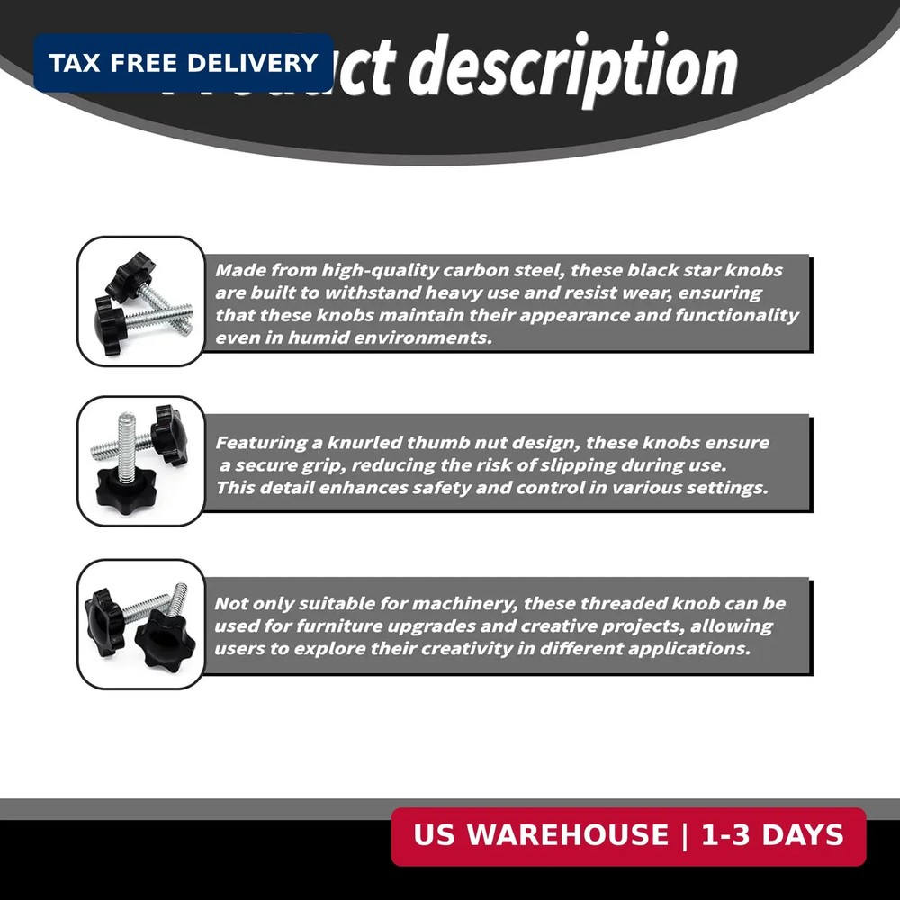 M6x20mm - 1.0 Threads Black Star Knobs, 16 PCS Threaded Knurled Thumb Nuts for M