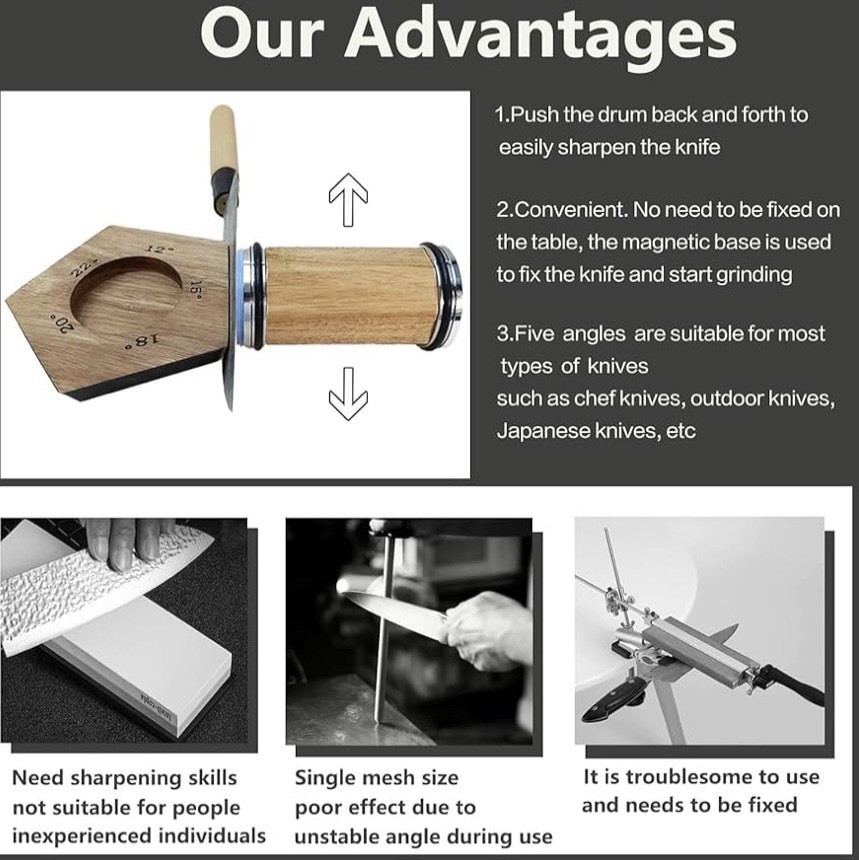 Acacia Rolling Knife Sharpener 4 Diamond 2 Corundum discs 5 Magnetic Angles