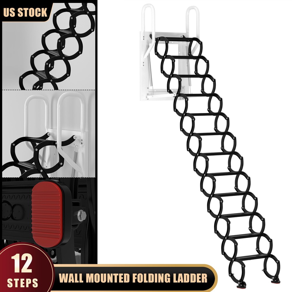 Wall Mounted Folding Ladder Black Loft Attic Stairs Pull down 12 Steps👍