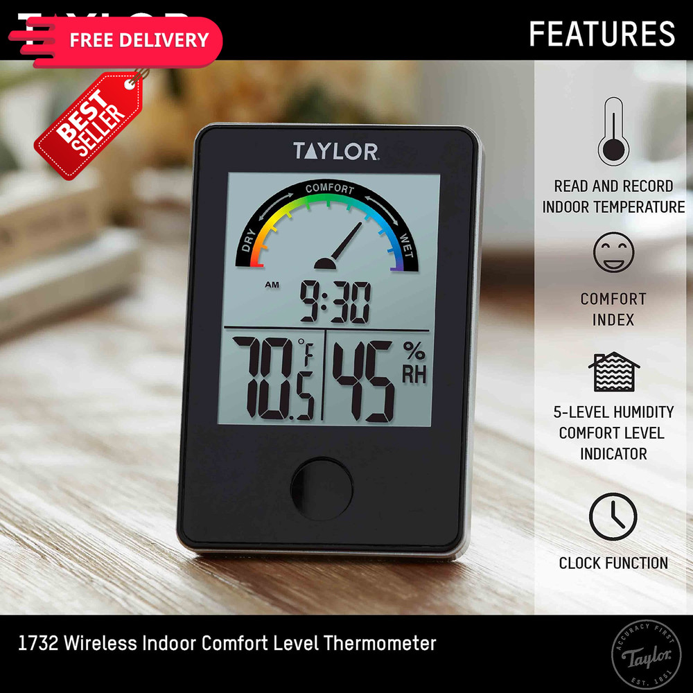 Taylor Digital Wireless Indoor Comfort Level Single Display, Black