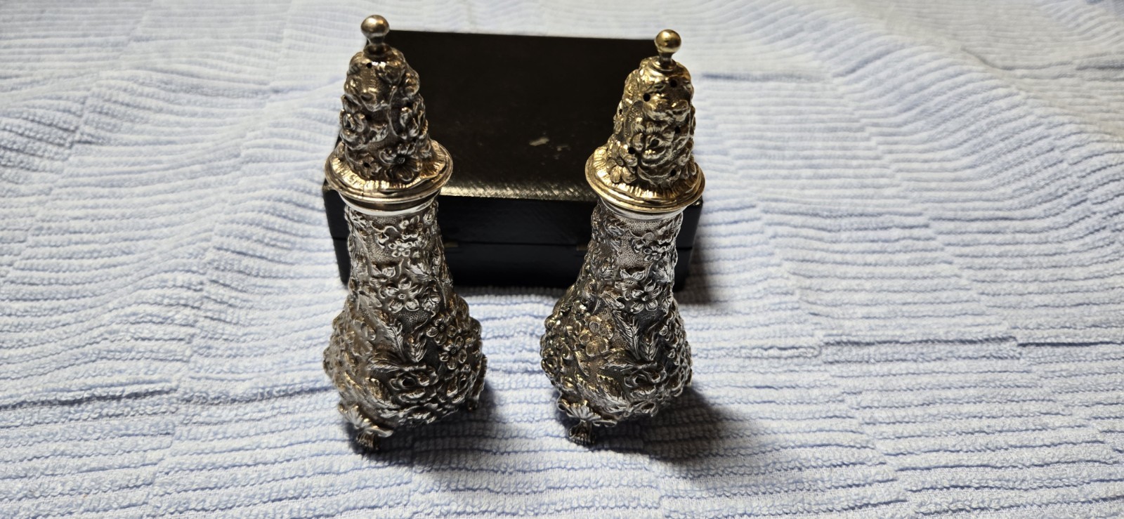 Antique Stieff Repousse Sterling Silver Footed Salt & Pepper Shakers