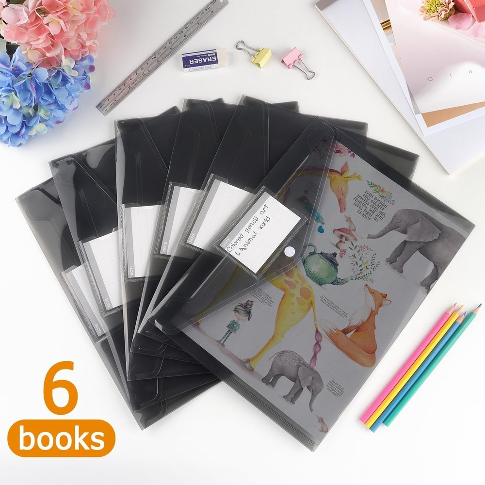 Translucent 6 Pack Plastic Envelopes with Snap Button & Label Pocket - Dark Grey