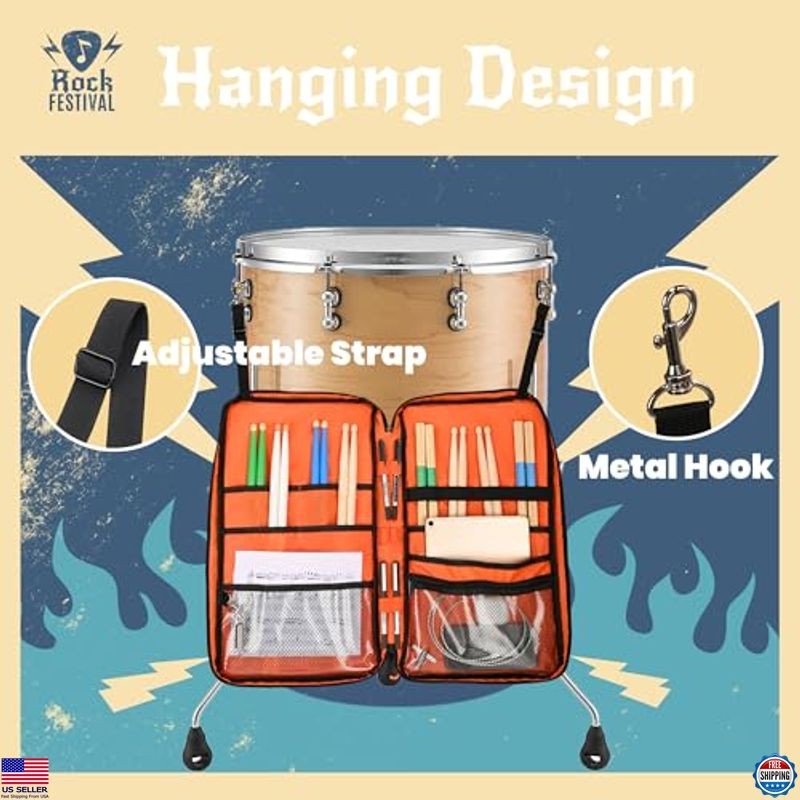 Black Drum Stick Bag with Adjustable Strap & Hooks for Mallets & Accessories