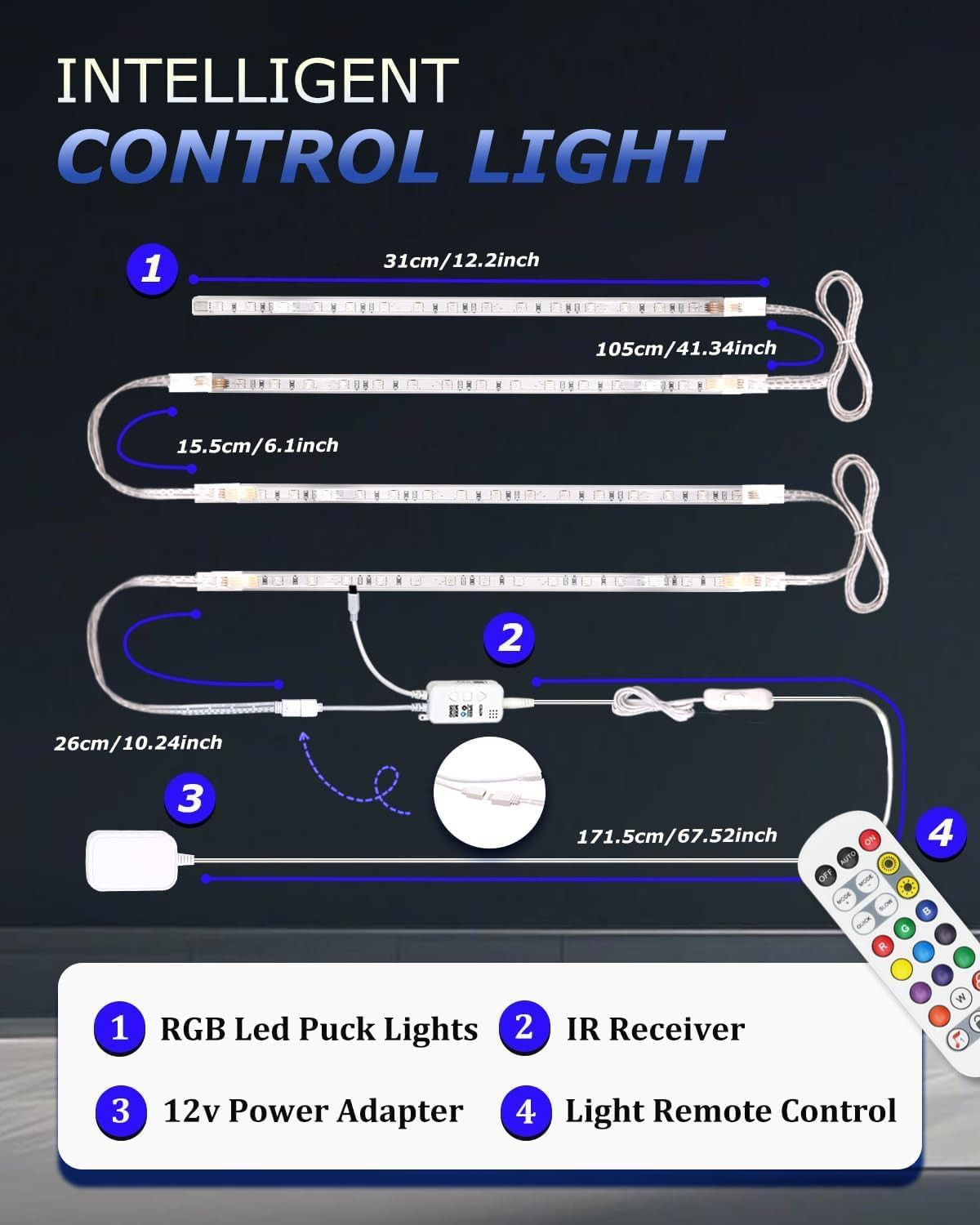 Color Cabinet Lighting, 4Pcs 12" Linkable RGB LED Light Bar Kit for Display Cabi