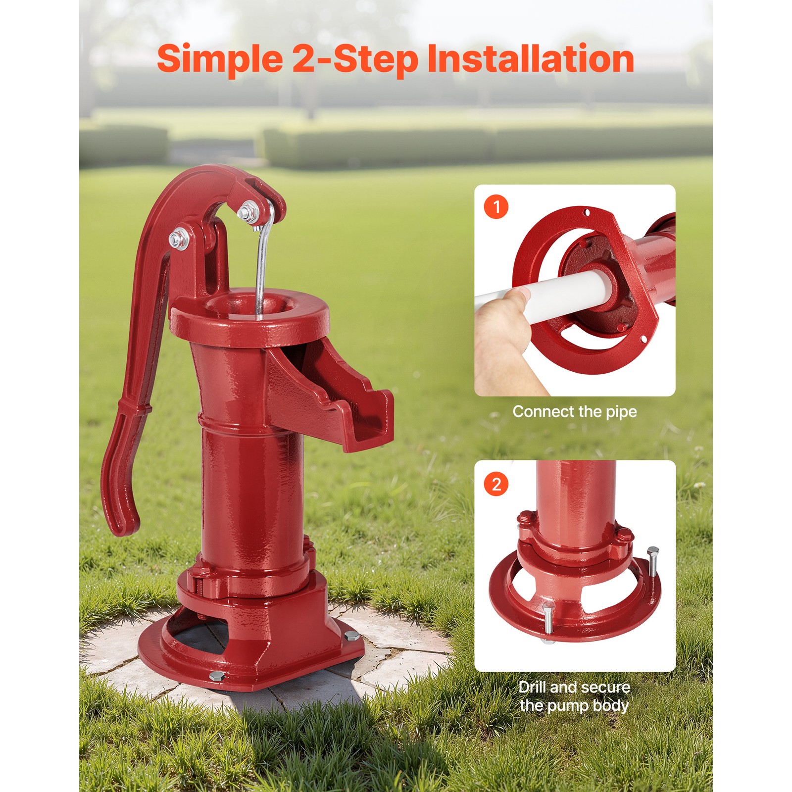 Uimoso Antique Cast Iron Manual Water Pump, 25ft Lift, Red Design