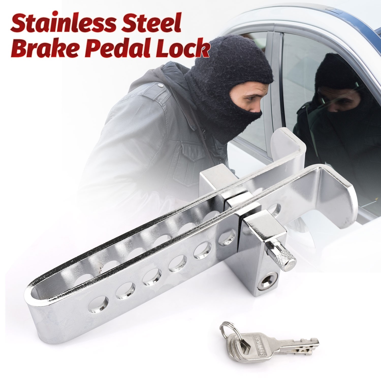 Stainless Steel Brake Pedal Lock Security Car Auto Clutch Lock Anti-theft W/3Key