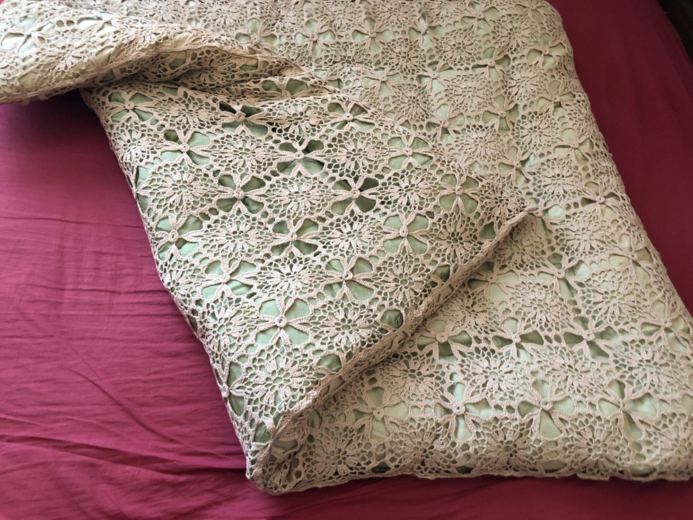 vintage single green eiderdown with raw cotton lace outer cover~ ( 2 available)