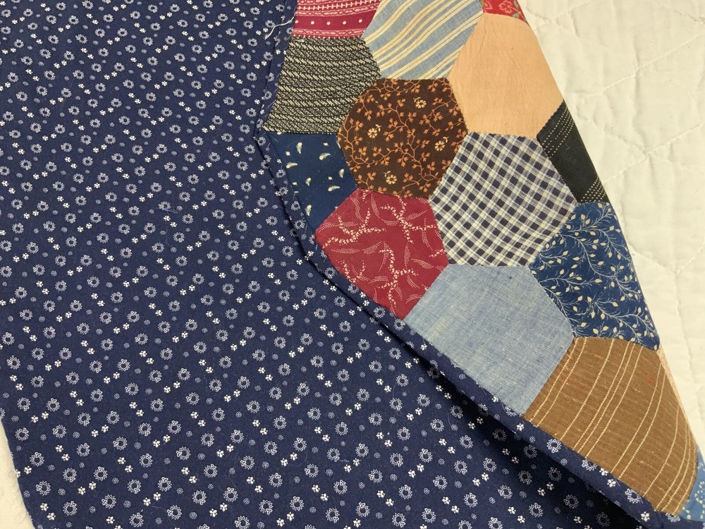 Antique Patchwork Quilt Table Topper, Octagons, Early Calico Prints, Navy, Multi