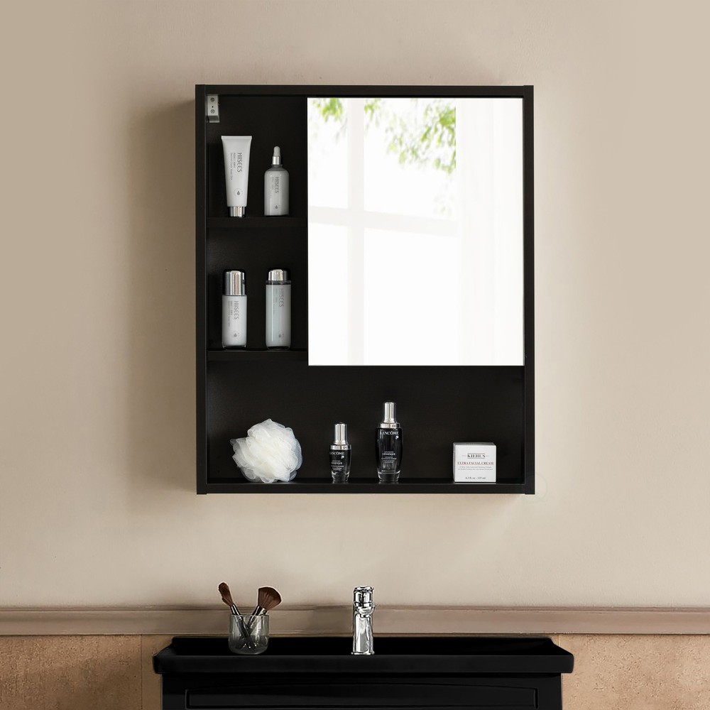 Wall Mount Bathroom Mirrored Storage Cabinet with Open Shelf | 2 Adjustable She