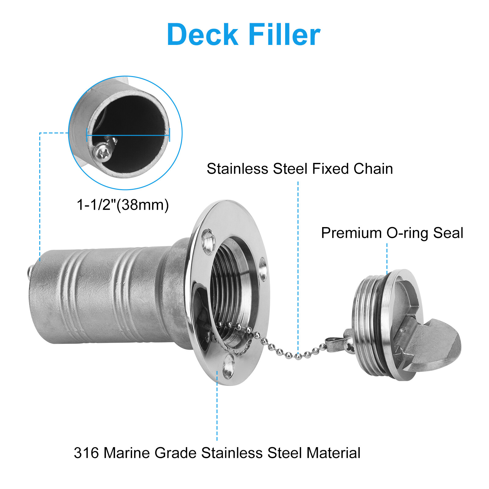 Stainless Steel Boat Fuel Deck Filler with Keyless Cap for Marine 1-1/2" (38mm)