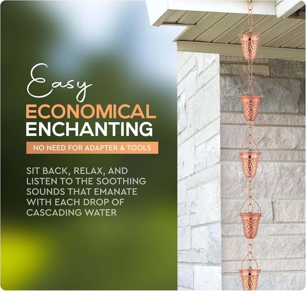 Stunning 6.5ft Copper Hammered Rain Chain - Elegant Water Diversion Solution