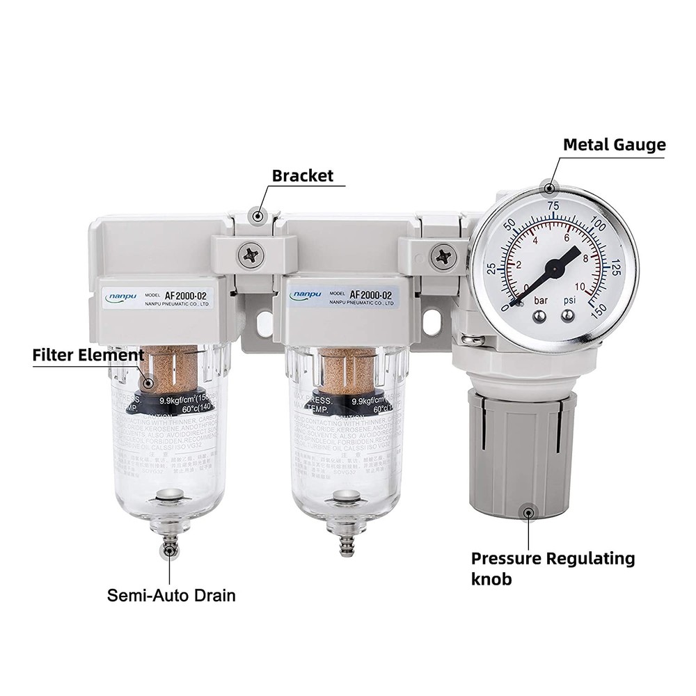 High-Filtration NPT Air Drying System - Double Filter, Regulator Combo