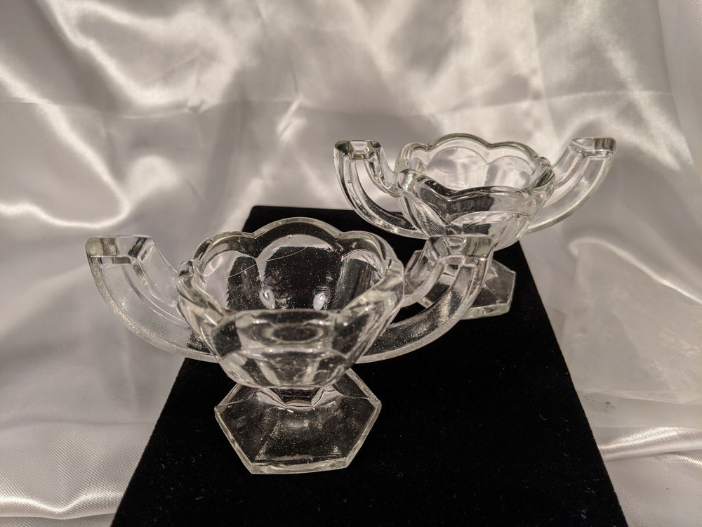 Pair 2 Central Glass Krystol Chippendale Footed Handled Open Salt Cellars EAPG