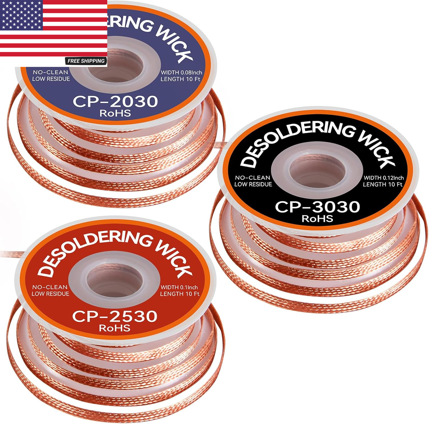 3PCS Premium Desoldering Wick - 3 Sizes Solder Wick Braid (0.08", 0.1", 0.12" X