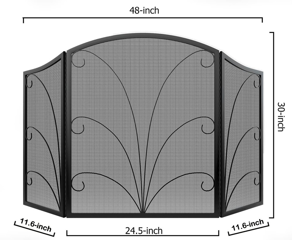 Kingson 3-Panel Arched Fireplace Screen Decorative, Handcrafted Scroll Wrough...