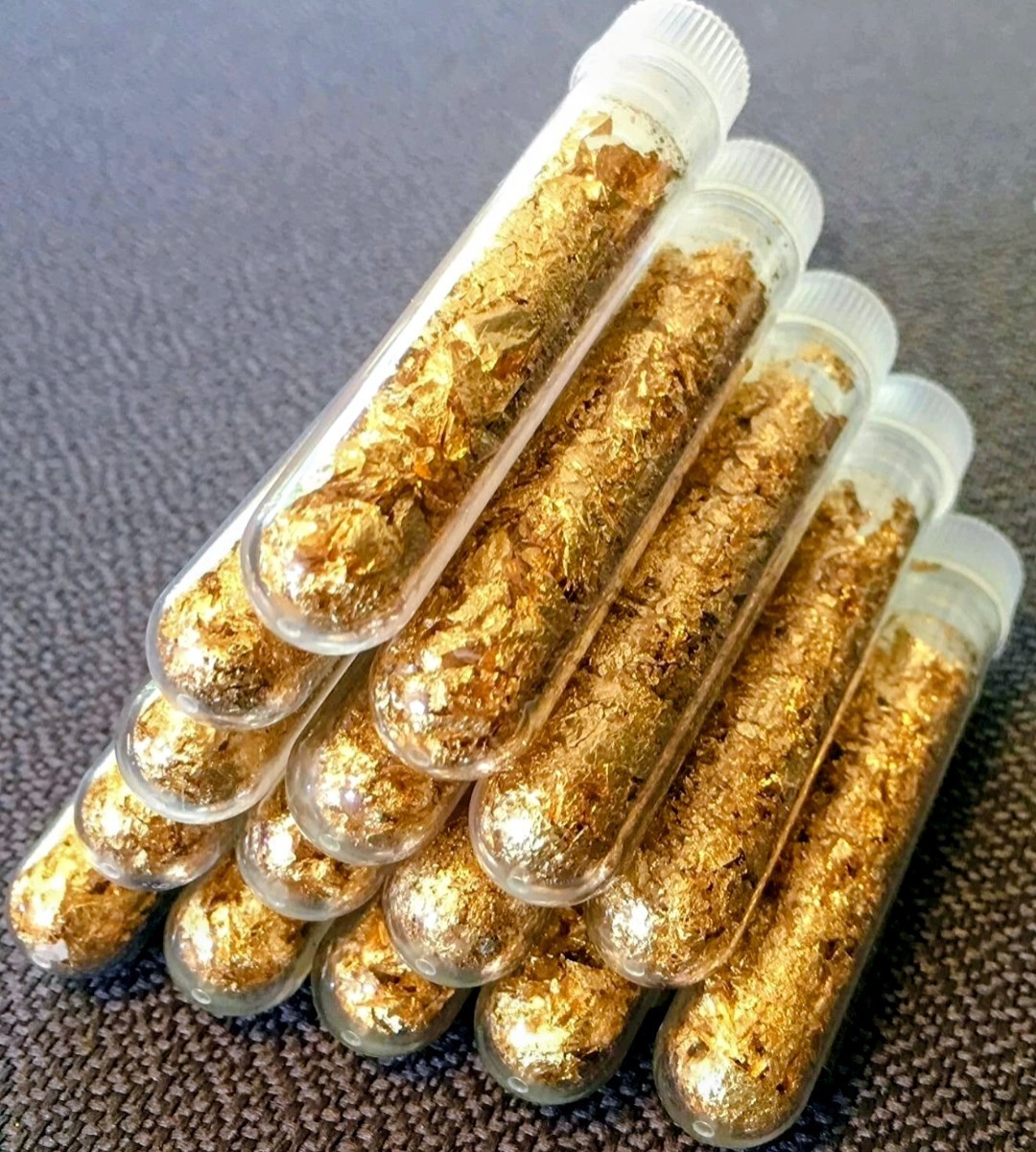 ​Lot of 100 Gold Flake Vials - 24K Gilded Leaf Flakes, 5ml Jars, Bulk Vials .999