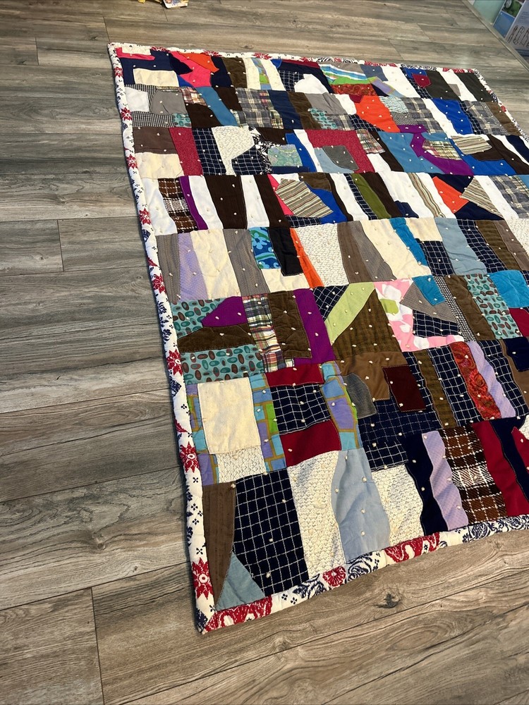 Crazy Patchwork Quilt Double Sided Handmade 78x65 Vintage 70s