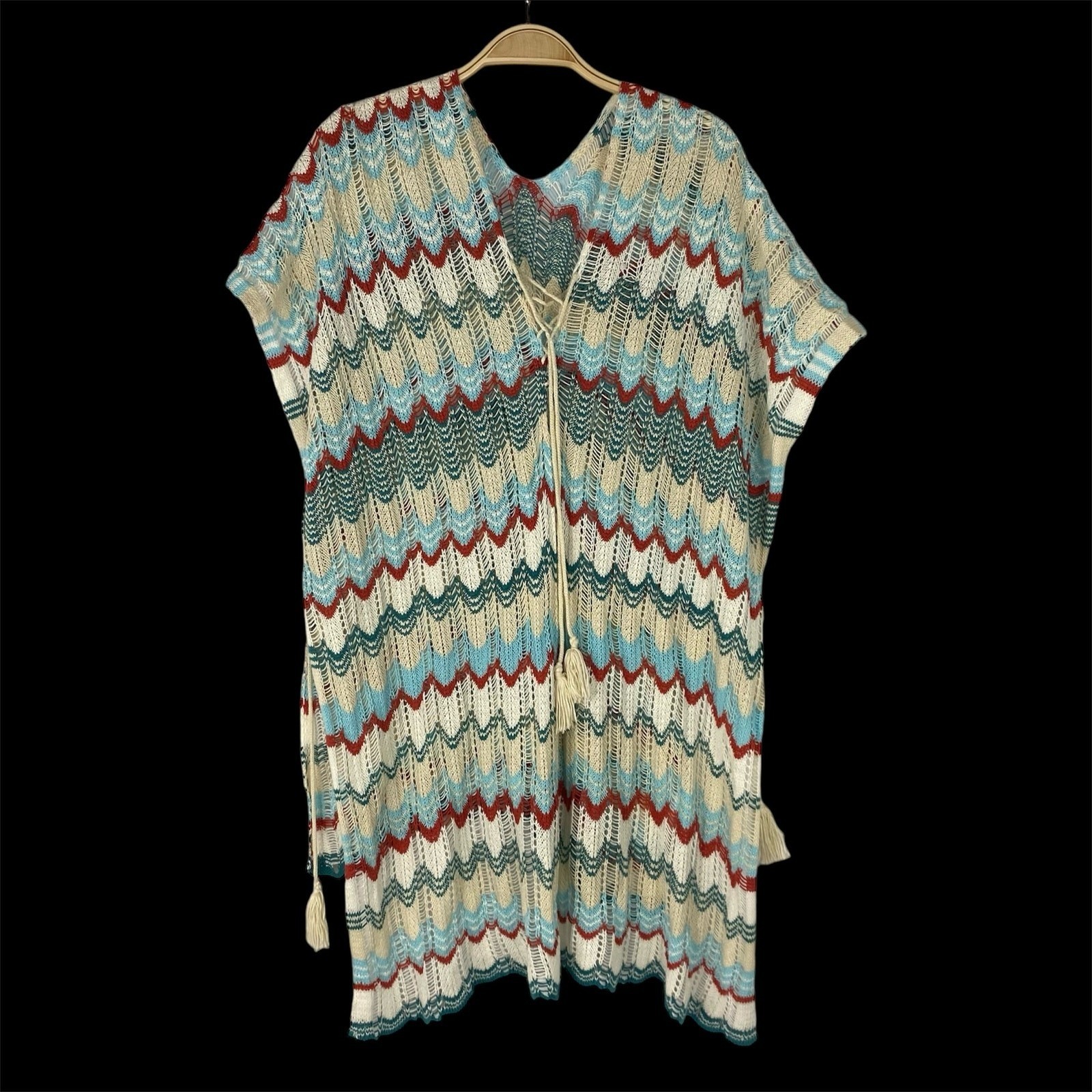 Boho Green Chevron Crochet Poncho Kimono Tunic Dress Beach Cover-Up Women OS NEW